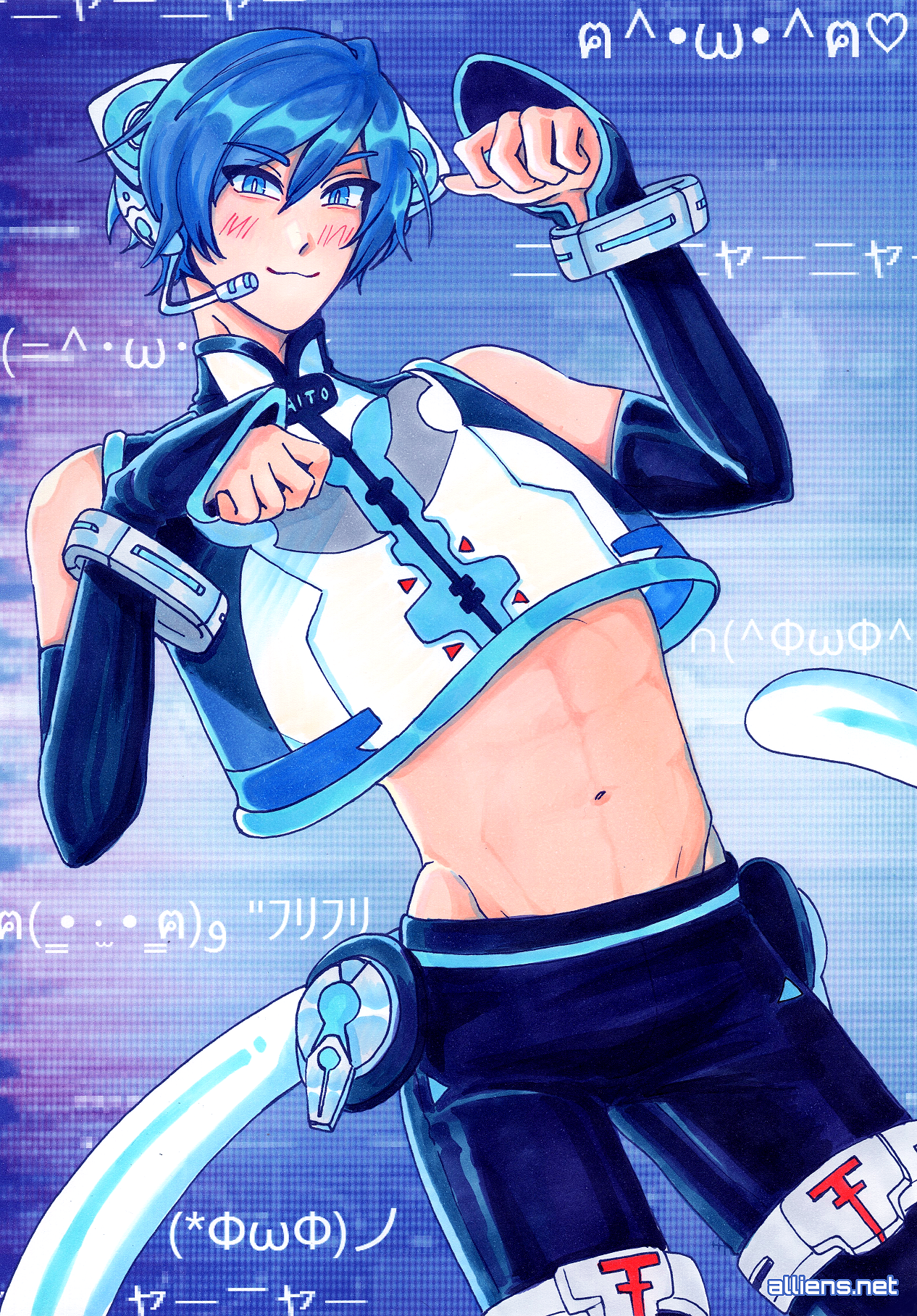cyber cat kaito, copics and digital background, A4